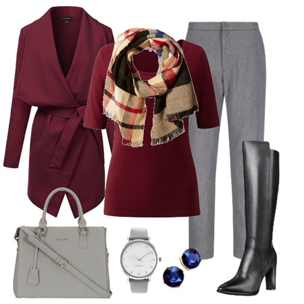 Work outfit with gray bag and pants, burgundy coat and black boots 