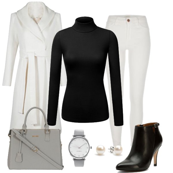 Work outfit for women with white jeans and coat, grey bag and black shoes