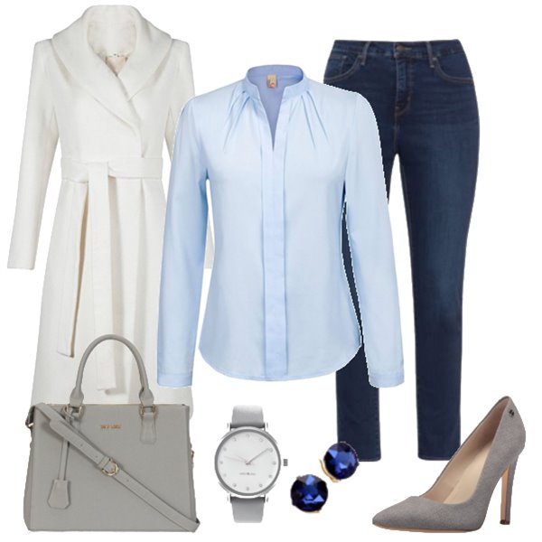 Work outfit with gray bag, jeans and white coat
