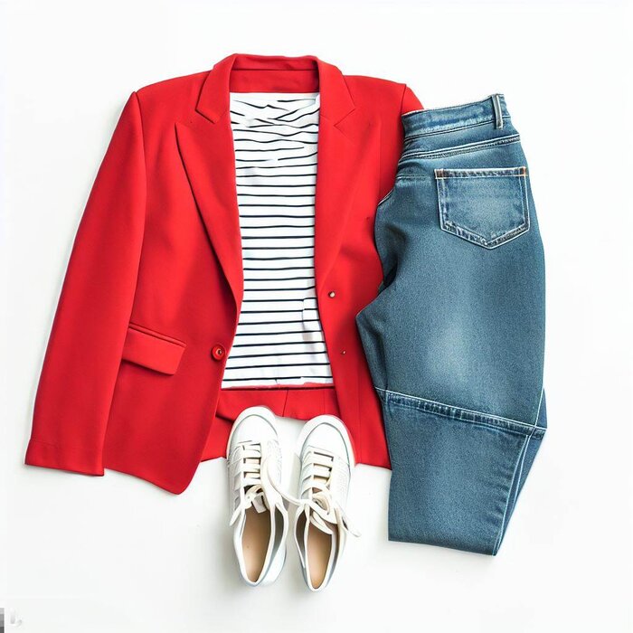 women outfit with red blazer, striped top, blue jeans and white sneakers