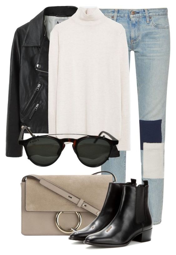 Casual winter outfit with leather jacket and jeans by rosyfilm ❤ liked on Polyvore featuring Simon Miller, Acne Studios, ChloÃ©, Zara and Yves Saint Laurent