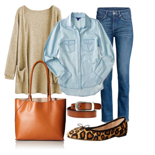 Casual Fall outfit with Brown tote bag Brown belt Chambray shirt Leopard print flats Beige cardigan Blue jeans - Women work outfits 