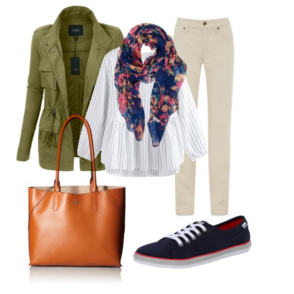 Fall Casual outfit with Brown tote bag Floral scarf Striped top Navy sneakers Military Jacket Beige jeans - Women work outfits 