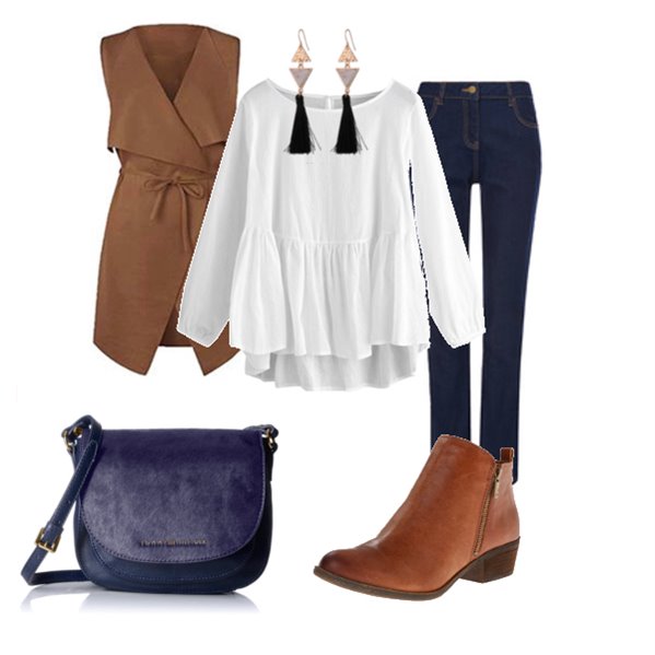 Fall Casual outfit with Navy bag Earrings White top Brown booties Long Vest Navy jeans - Women work outfits 
