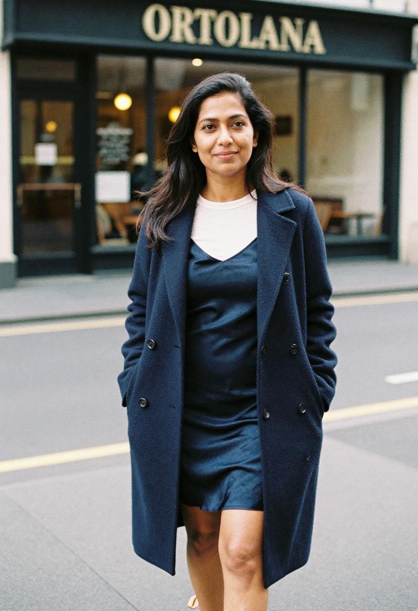 Navy slip dress layered over white tee under wool coat for Britomart dinner date