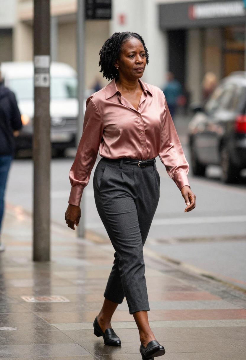 Dusty rose silk blouse and cropped charcoal trousers for Auckland CBD work look