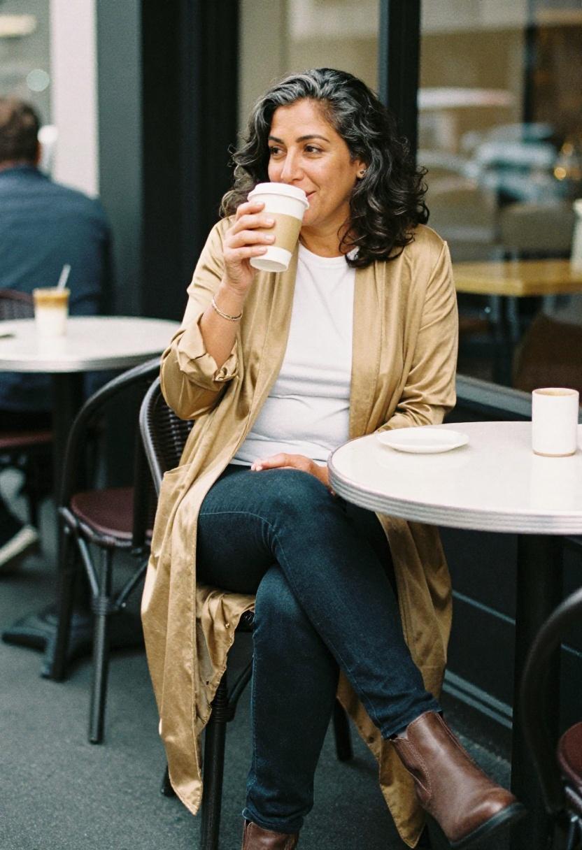 Muted gold long cardigan over jeans for K Road coffee stop in May