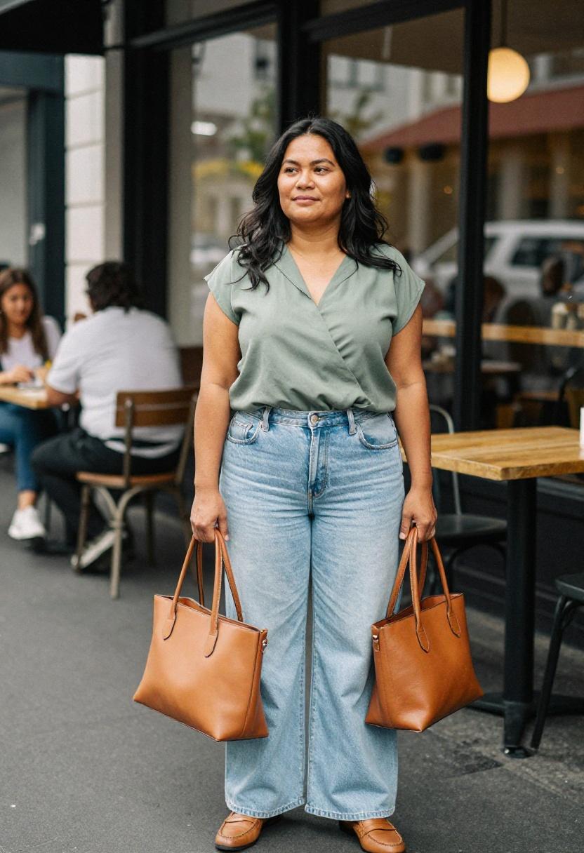 Sage jersey wrap blouse and wide-leg denim for Ponsonby Road office style