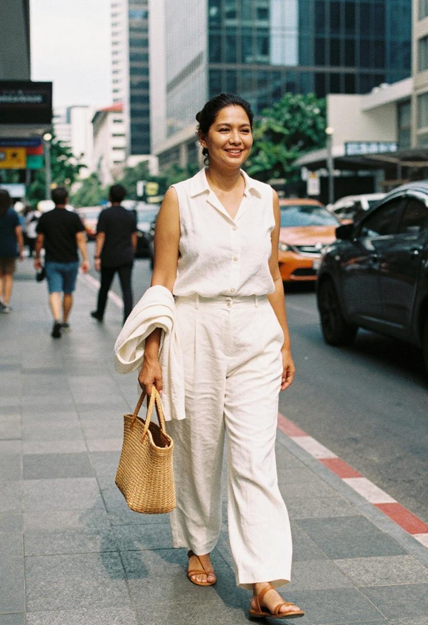 White linen trouser suit for Bangkok Silom business district