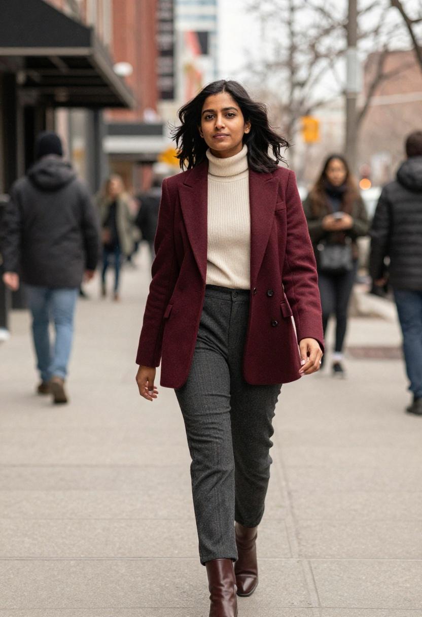Burgundy blazer and flannel trouser outfit for a cool April workday in Toronto's Financial District.