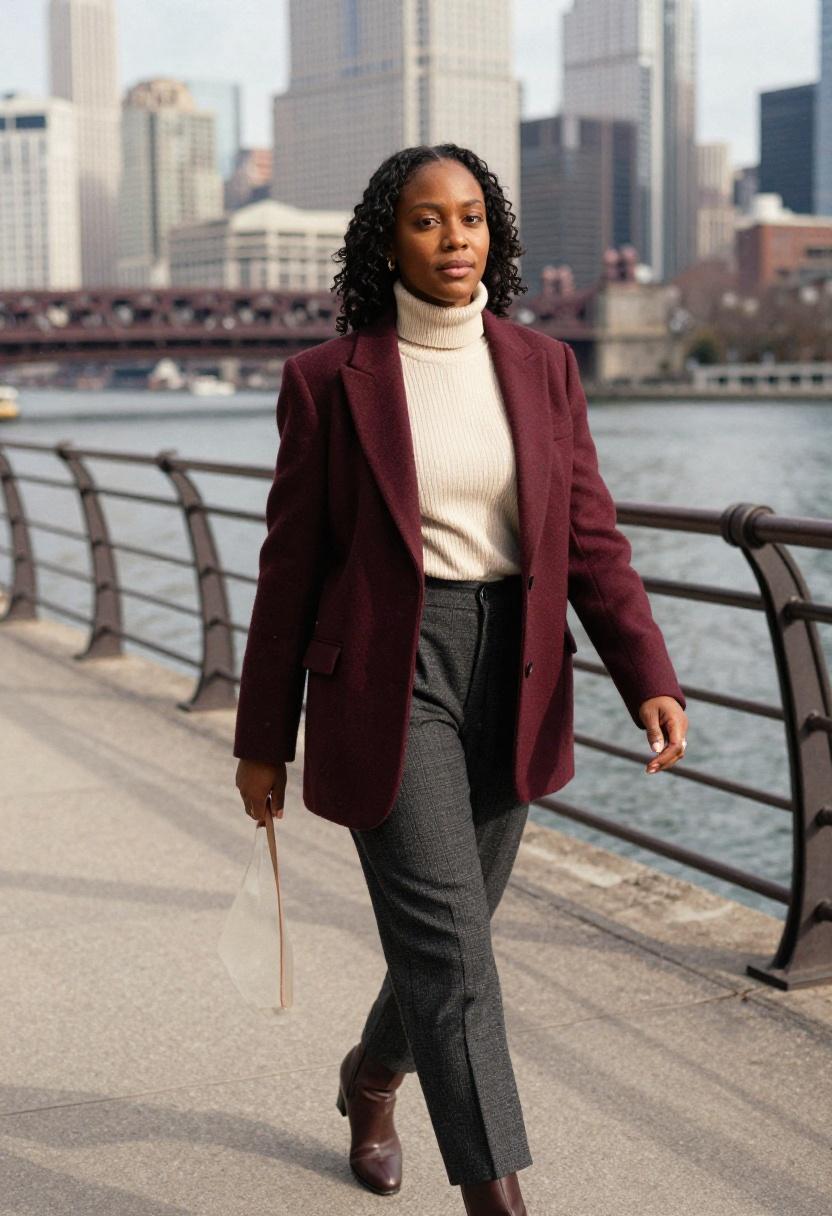 Burgundy wool blazer and flannel trousers outfit for Chicago Loop workday in April