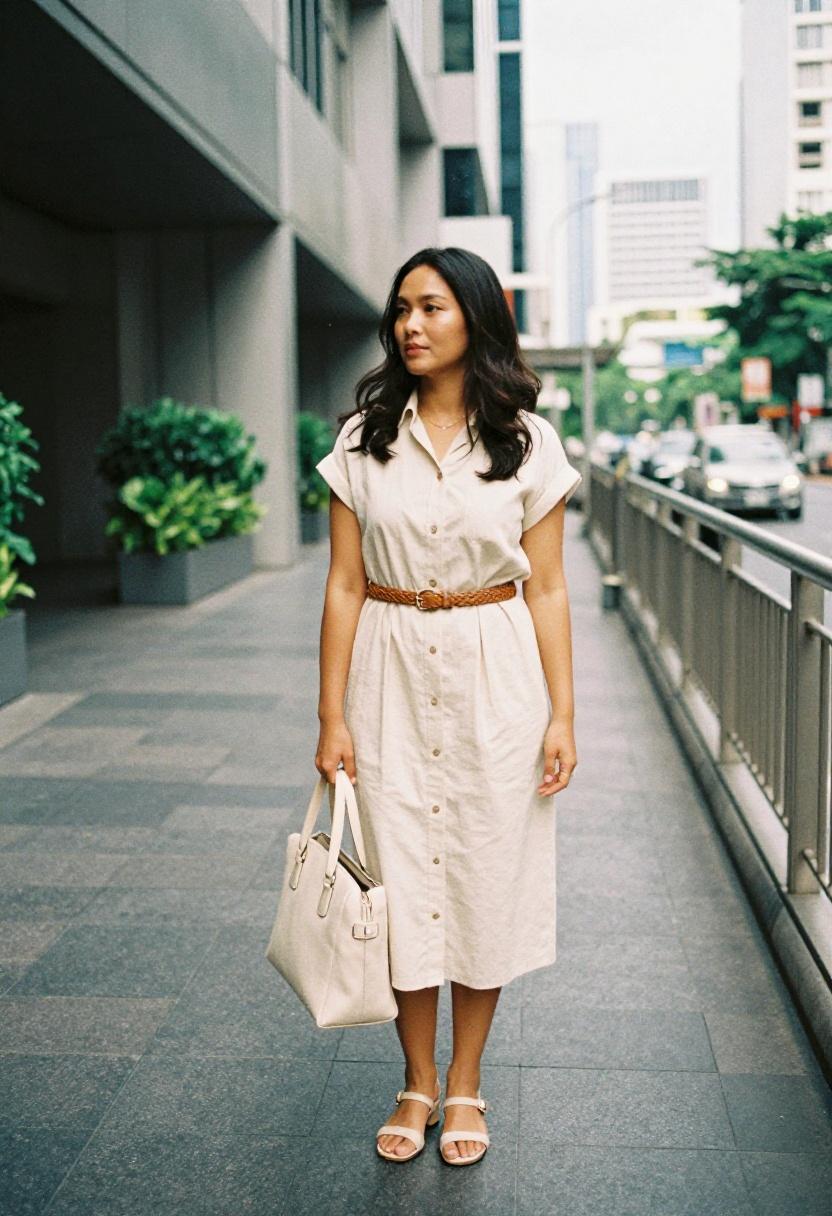 Cream chambray shirt dress with woven belt for office look in Sathorn Bangkok