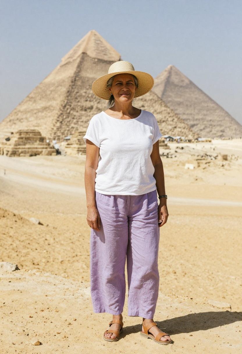 Lavender linen wide-leg trousers and straw hat for sightseeing at the Giza Pyramids in May