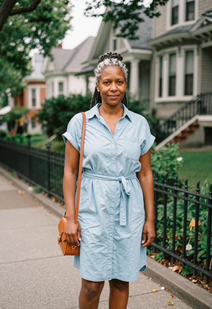 Light blue chambray shirt dress belted at the waist for a professional look in Cairo's Garden City