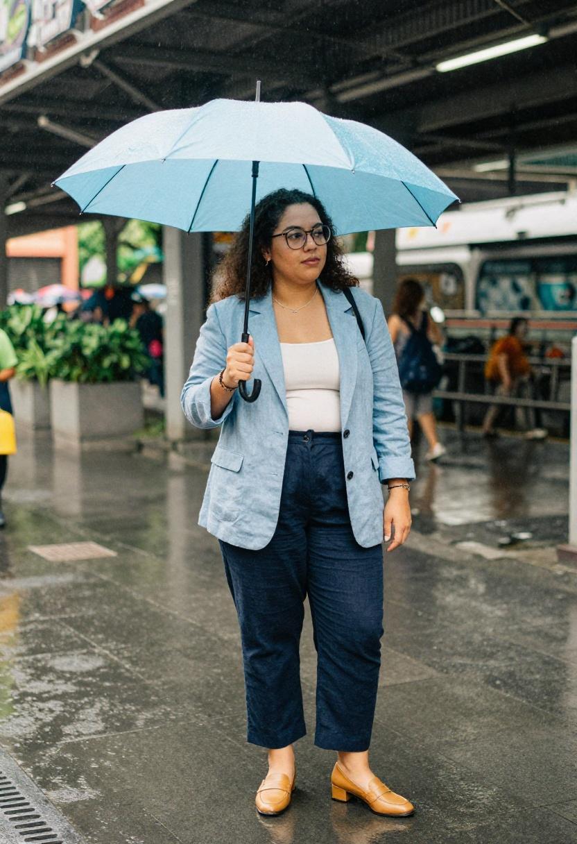 Light blue linen blazer and navy trousers for rainy Bangkok workday near Asok BTS