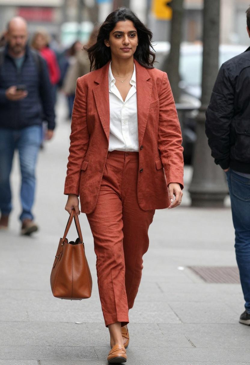 Polished terracotta blazer and cropped trouser outfit for Milan spring office style on Via Montenapoleone
