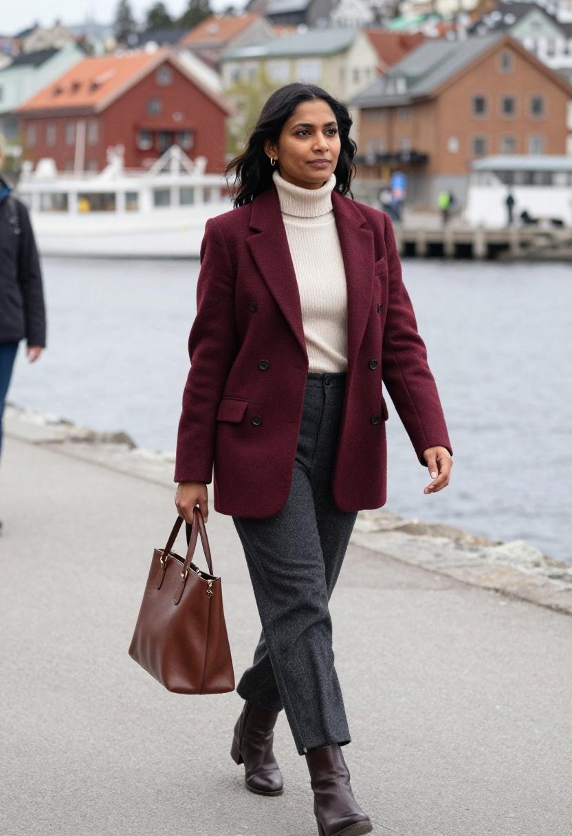 Burgundy wool blazer with flannel trousers, polished professional Oslo waterfront outfit for April.