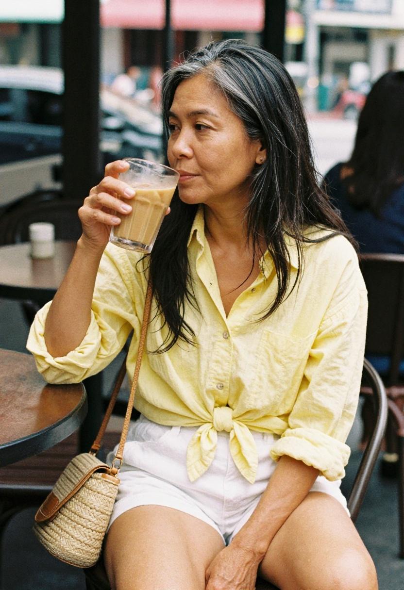 Soft yellow chambray shirt tied over white shorts at Thonglor street café Bangkok