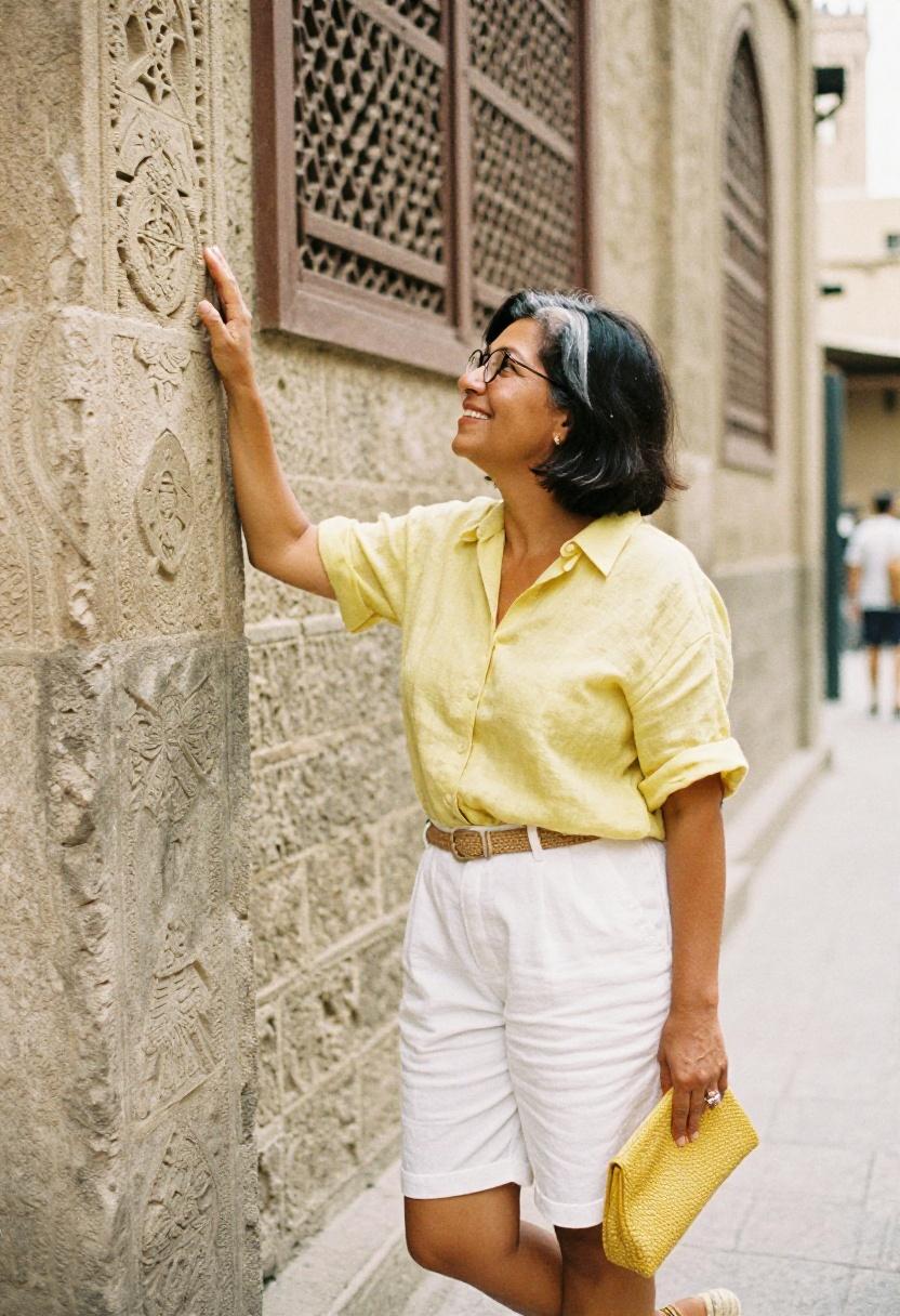 Soft yellow linen separates and espadrilles for sightseeing on Al-Muizz Street Cairo