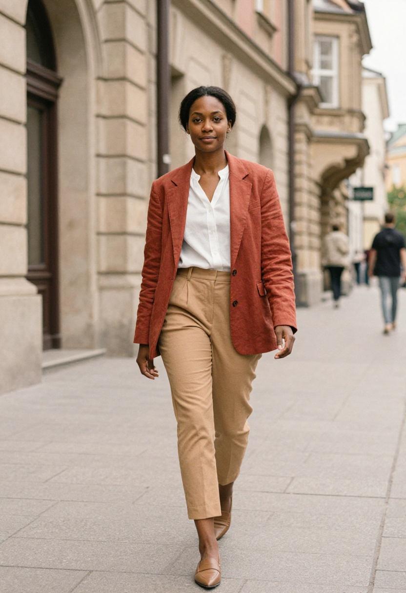 Terracotta blazer and tailored cropped pants outfit for Warsaw spring office style