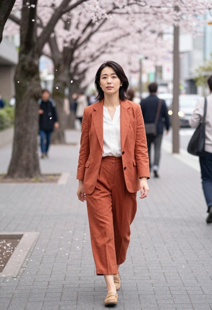Terracotta blazer and cropped trousers polished office outfit for Tokyo in April
