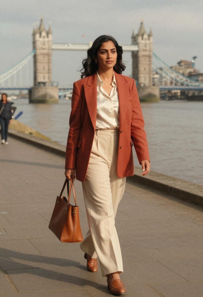 Terracotta blazer and wide-leg trouser outfit for a professional day on London's South Bank in April.