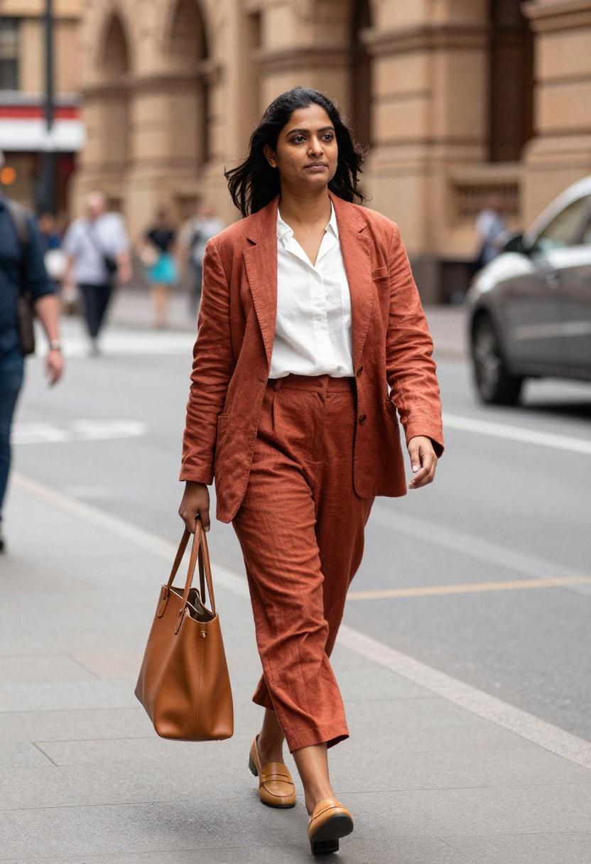 Terracotta blazer and wide-leg trouser outfit for Sydney CBD workday in April