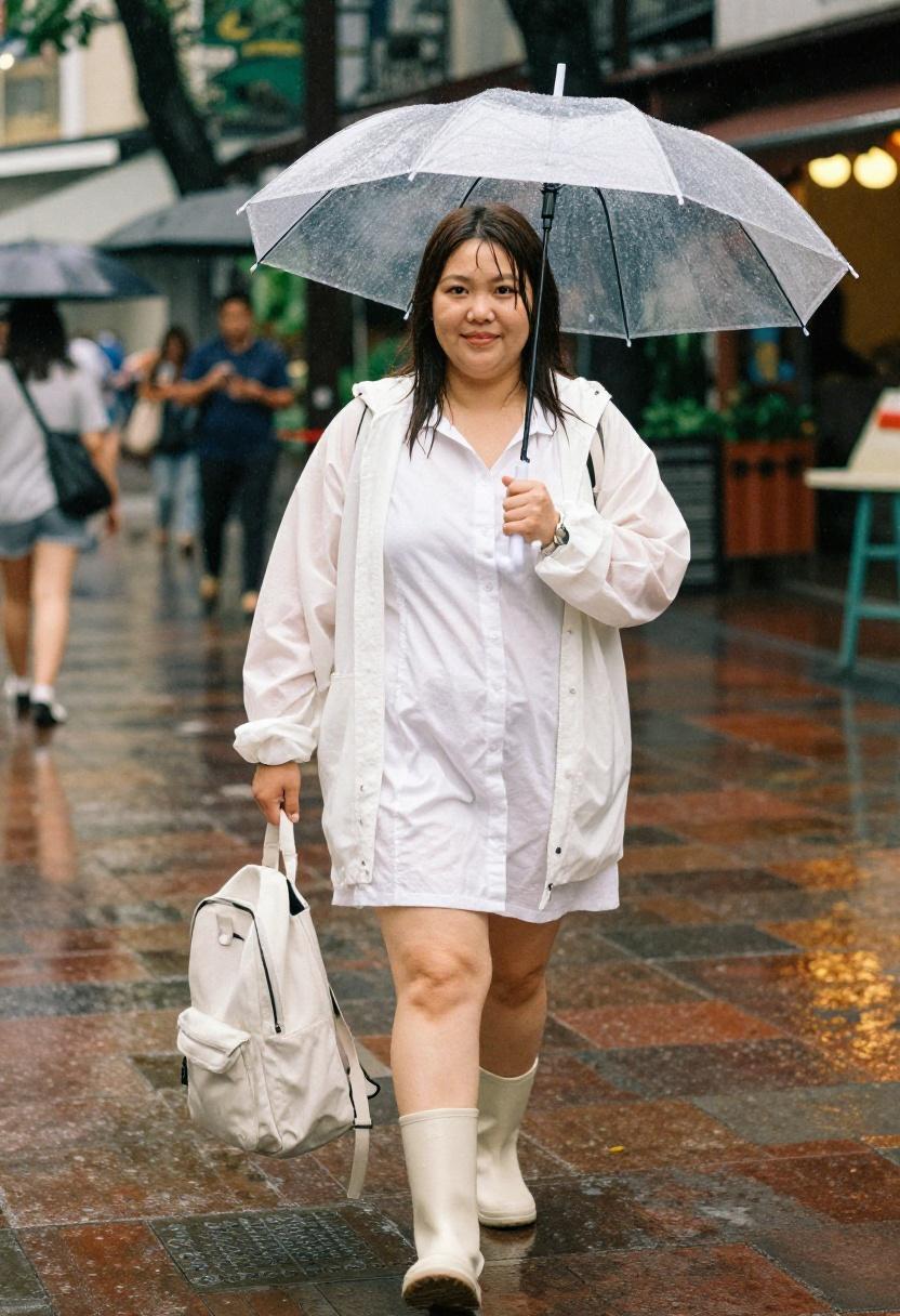 White cotton shirt-dress with waterproof boots and rain jacket for Bangkok Siam Square shower