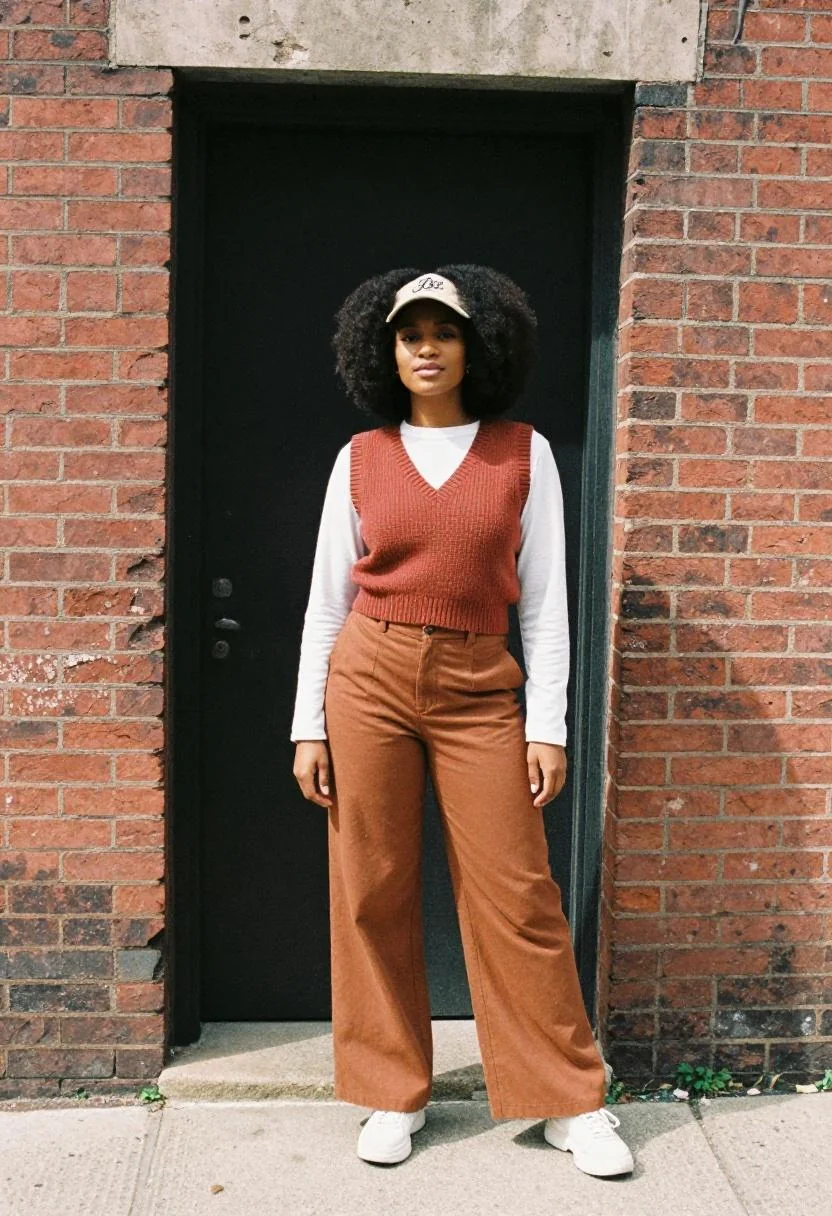 Layered terracotta vest and rust trousers for Yankees game day street style
