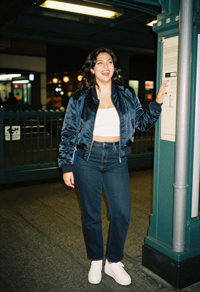 Sleek navy bomber jacket with satin-finish jeans for a Yankees game night look