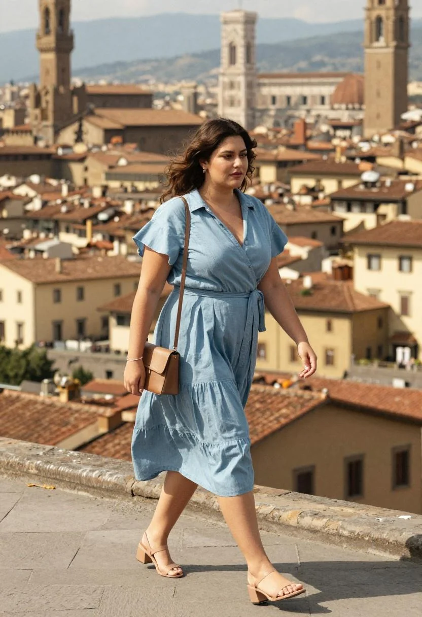 Light blue chambray wrap dress catching the breeze at Piazzale Michelangelo with Florence's rooftops in the background