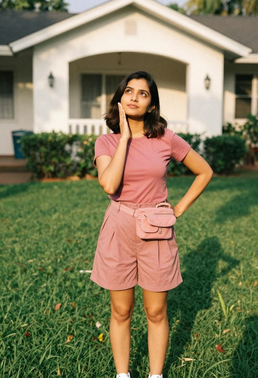 Dusty rose matching shorts and tee set for a baseball game