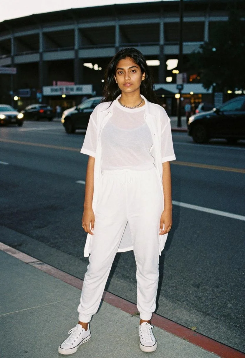 All-white moisture-wicking co-ord set with mesh layering at Yankee Stadium