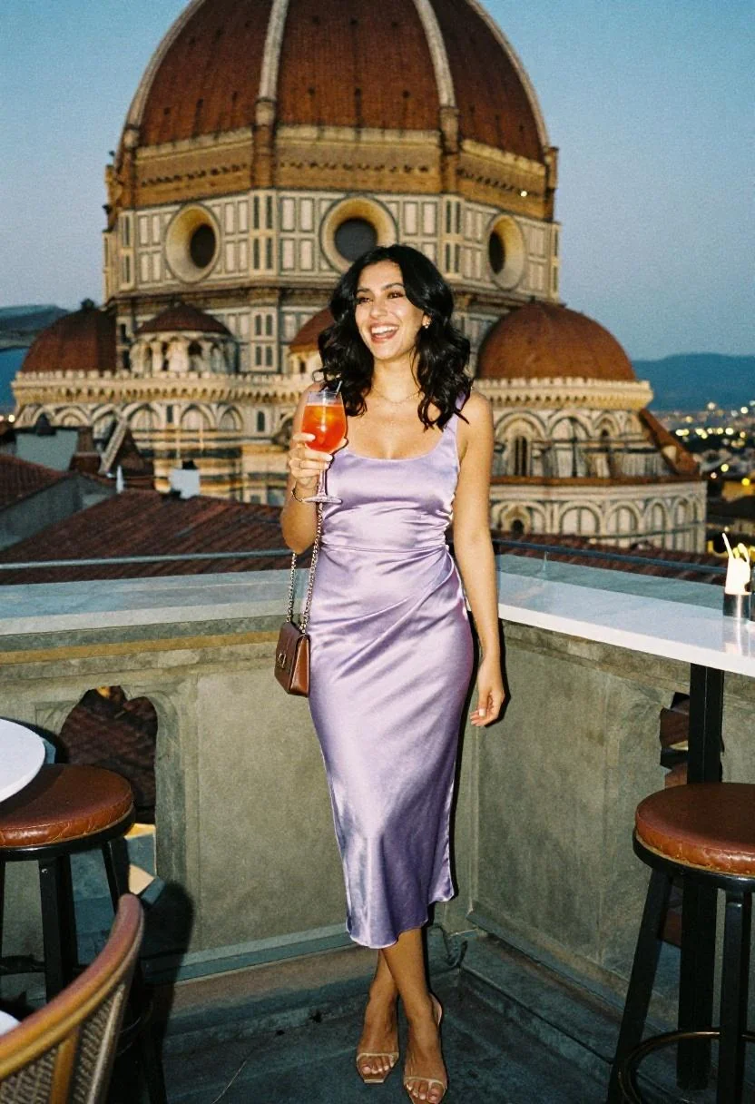 Lavender silk wrap skirt and top set glowing against the illuminated Duomo at a Florence rooftop aperitivo