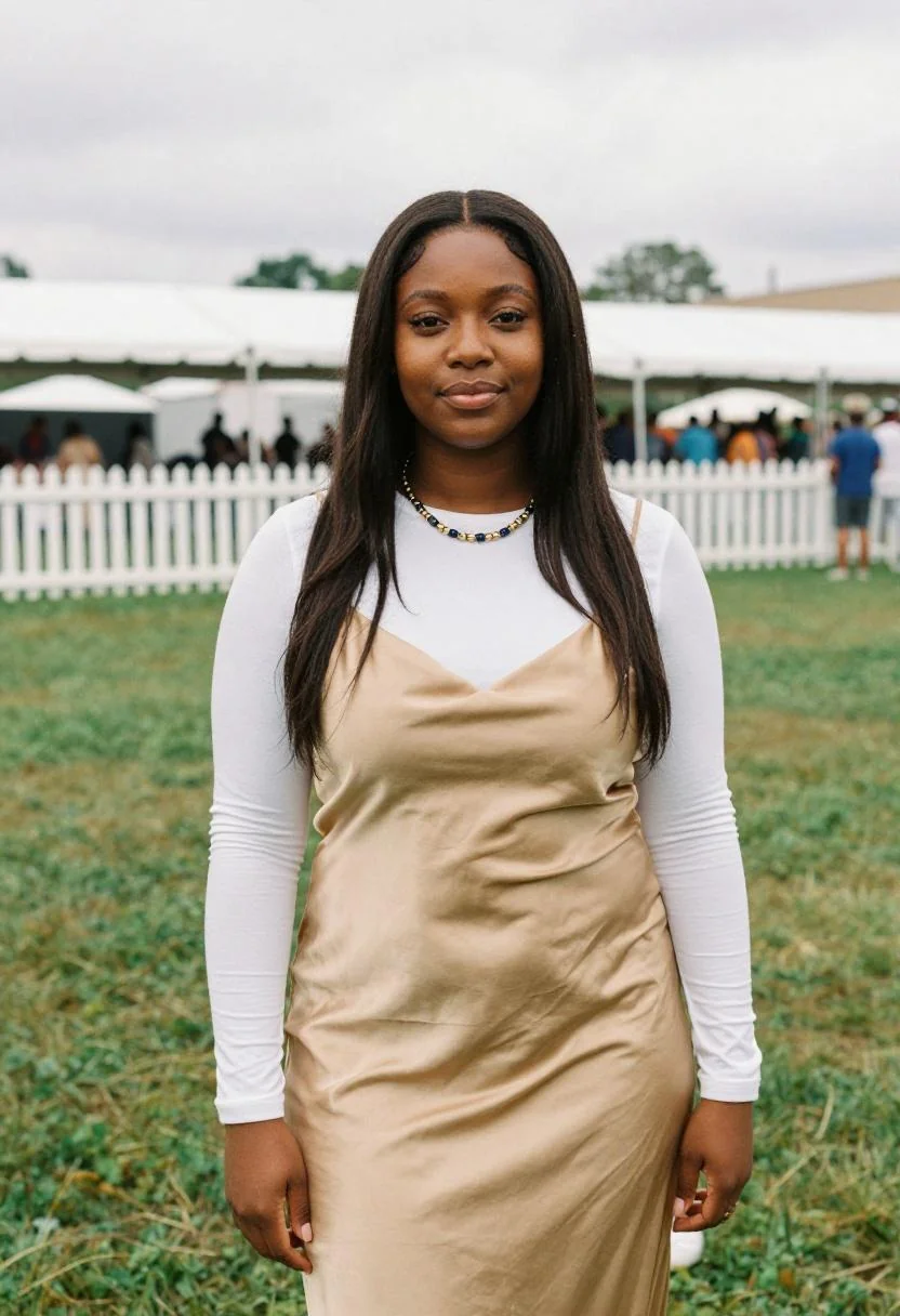 Muted gold slip dress over white tee for stadium chic Yankees fan look