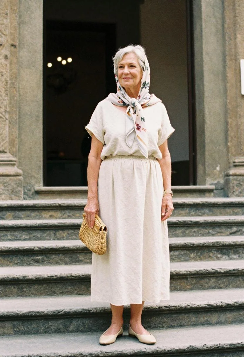 Cream linen maxi set with a versatile scarf for visiting the Medici Chapels in Florence