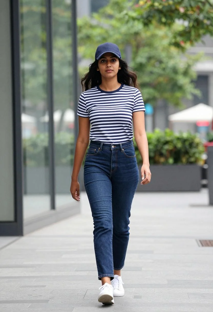 Navy baseball cap and matching straight-leg jeans for a polished Yankees-inspired look