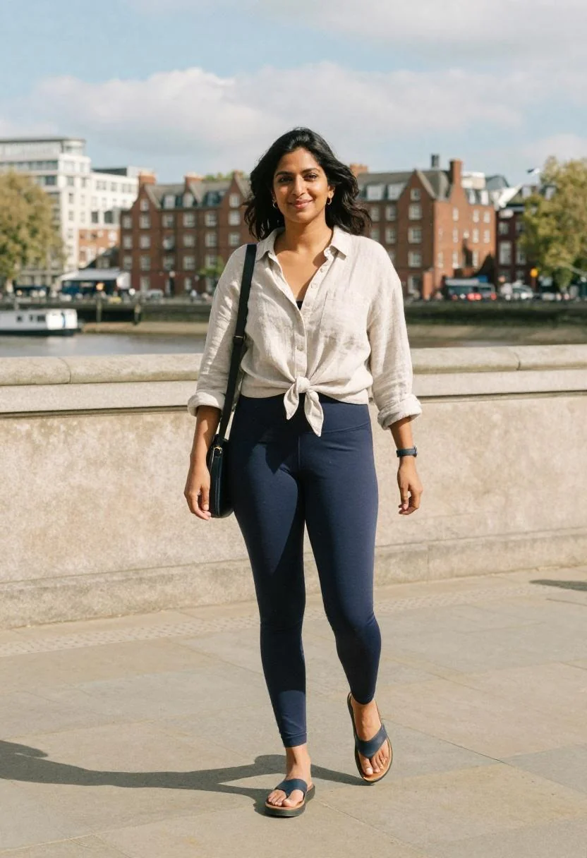Navy leggings with tied linen shirt and platform flip flops for polished London riverside