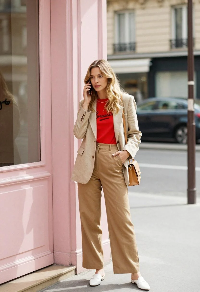 Tan linen blazer over Yankees graphic tee wide-leg trousers chic gameday look