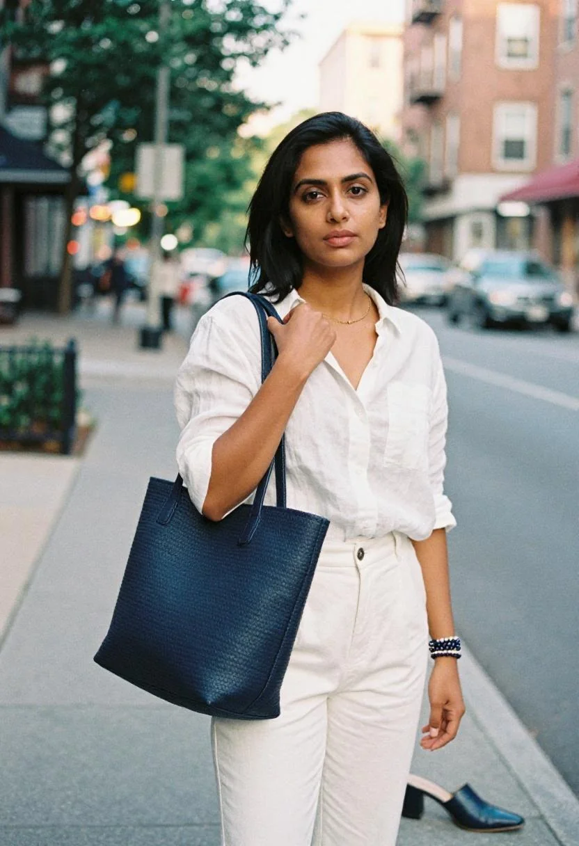 Navy straw tote, block-heel mules, and bracelet stacks with white linen outfit near Yankee Stadium