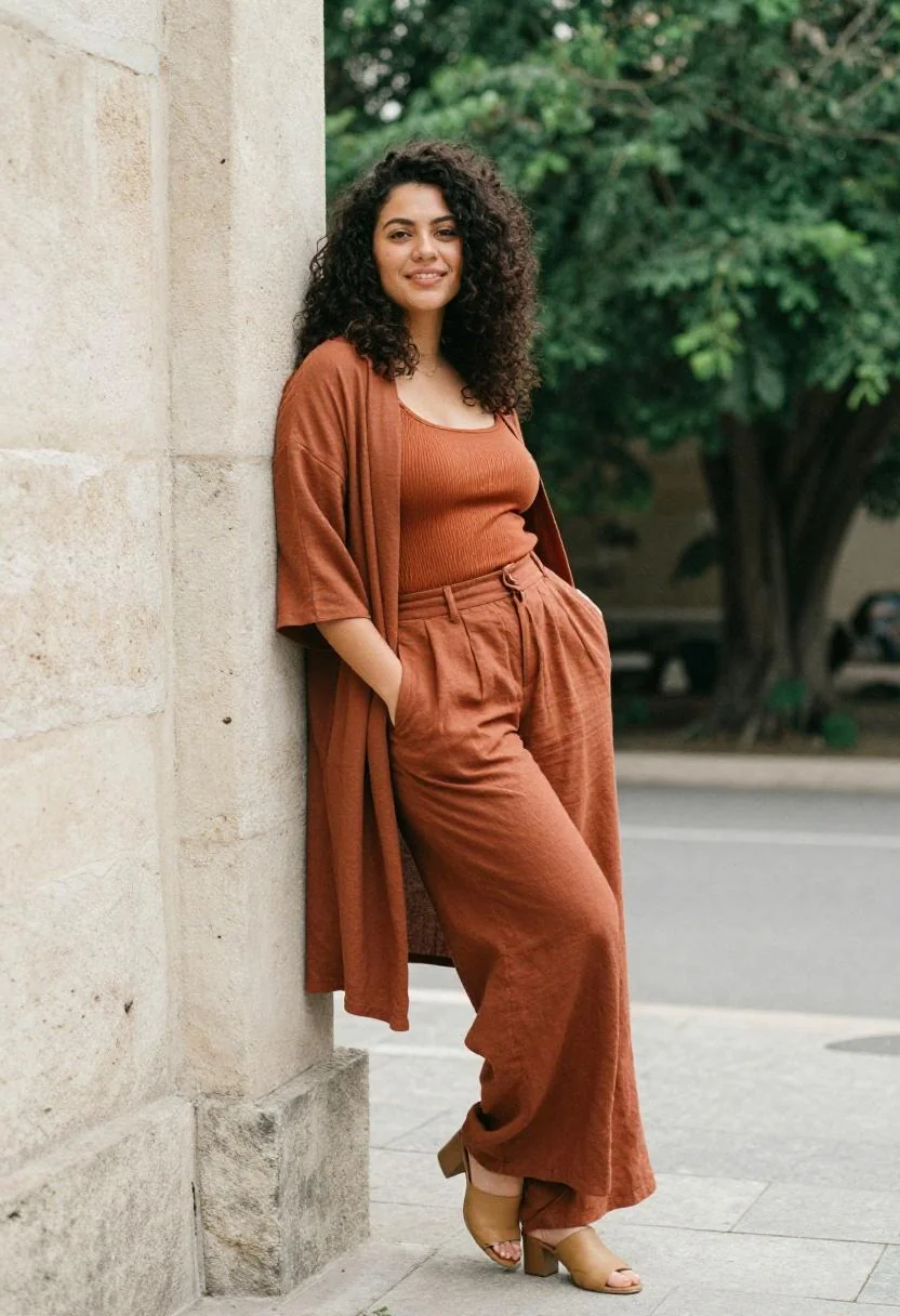Terracotta ribbed tank with wide-leg linen pants and flowing kimono jacket for a relaxed ballpark look