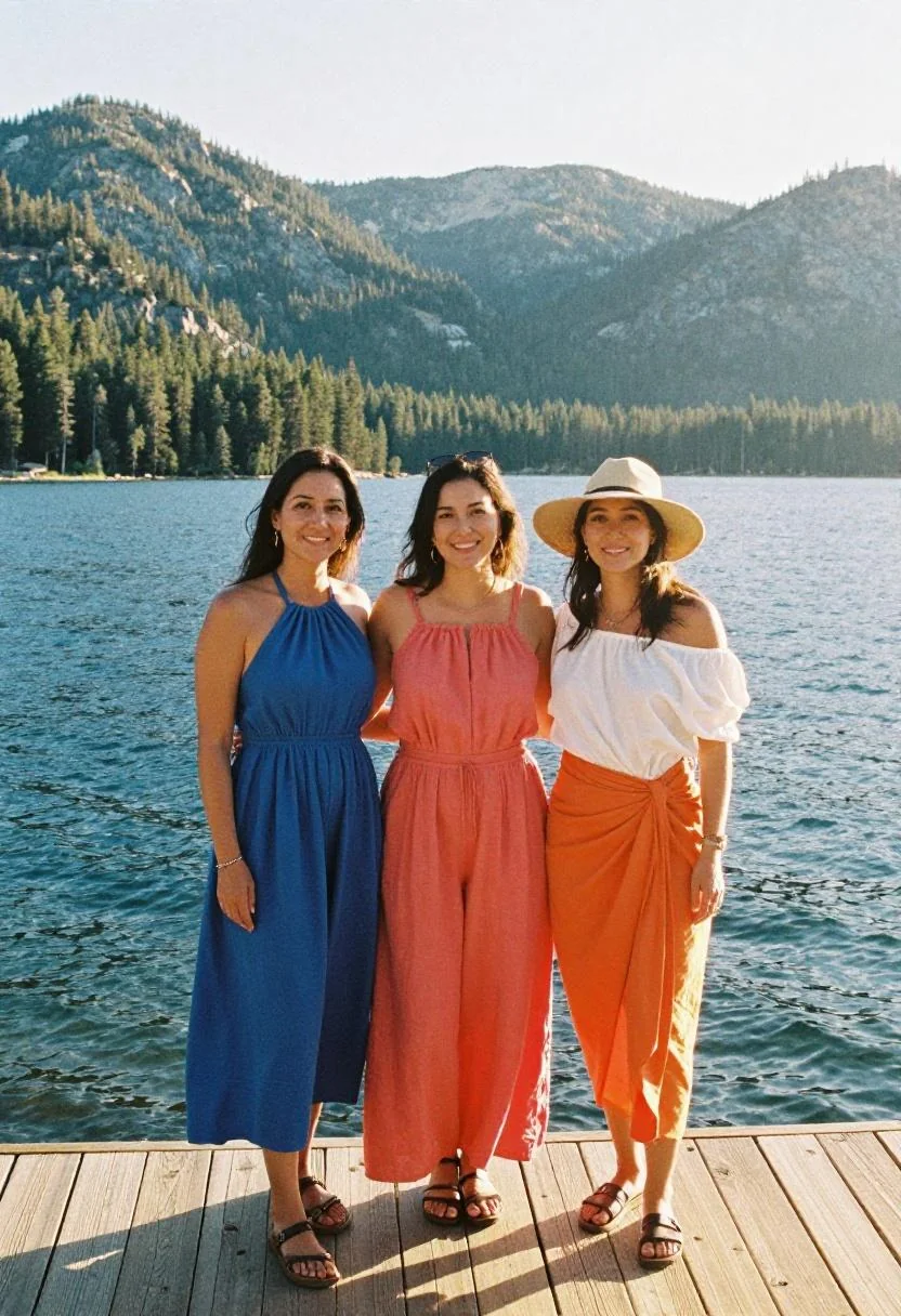Three curvy women in bold sunset-colored outfits on a Lake Tahoe boardwalk