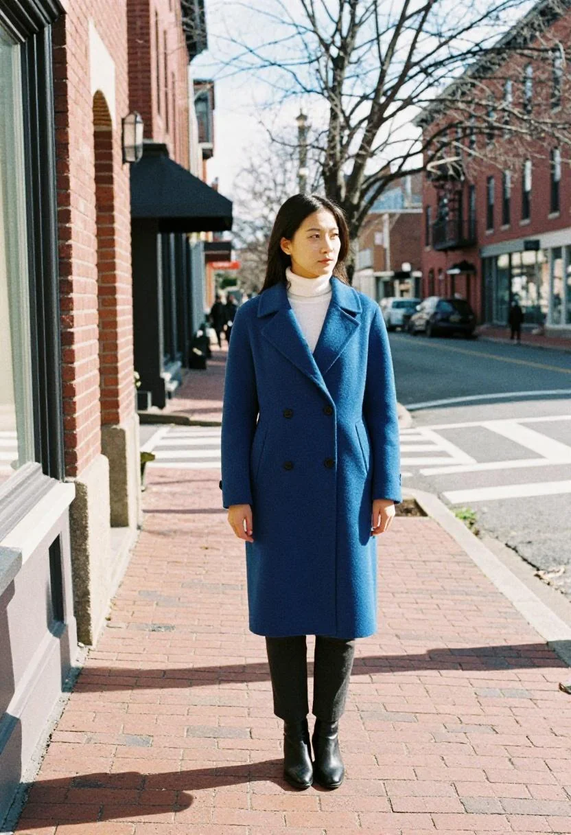Woman wearing a cobalt blue wool coat on Portland Maine brick streets