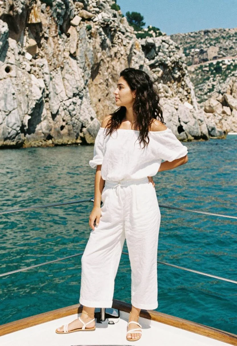 White capri pants with off-shoulder linen top for Athens coastal day trip
