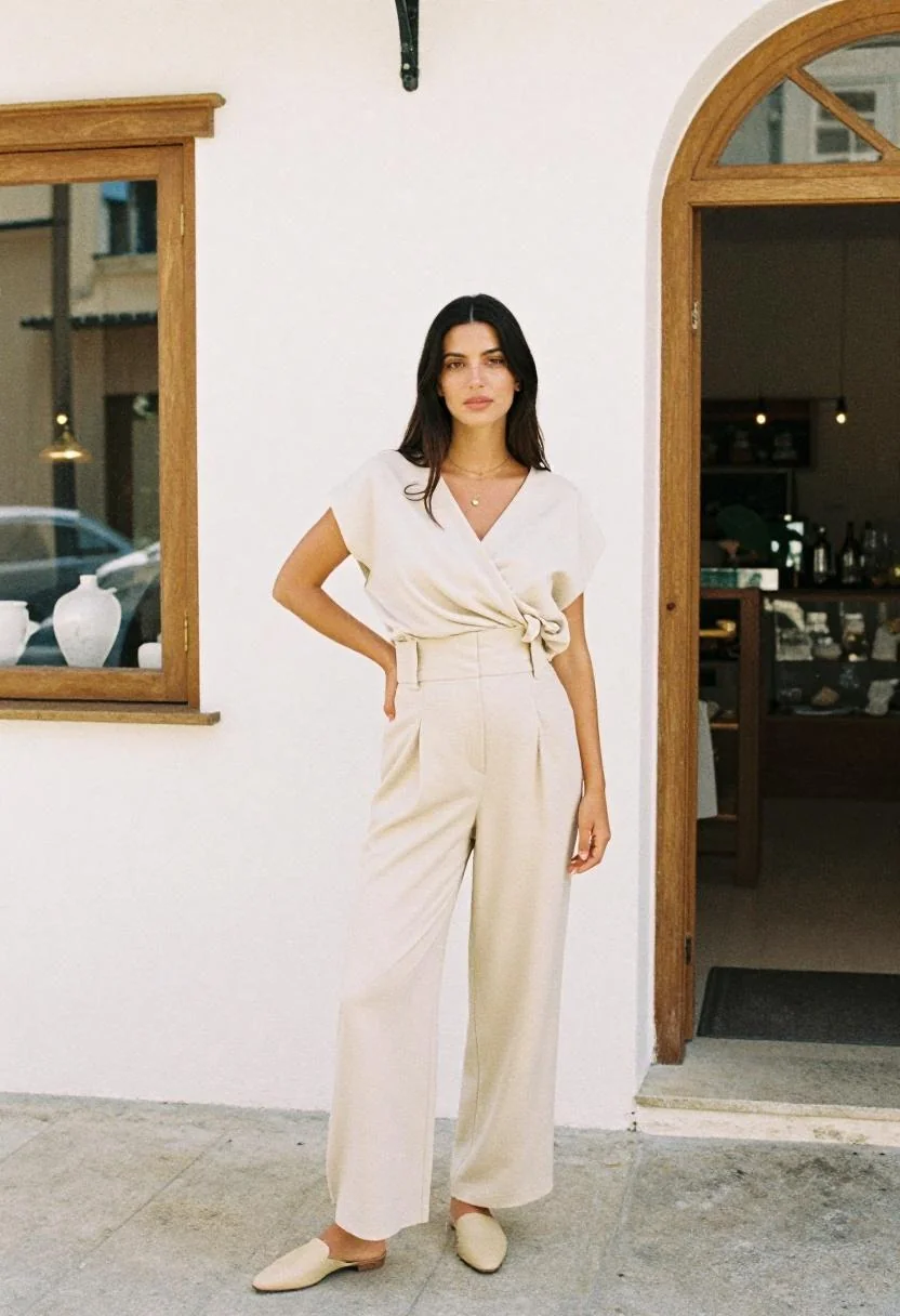 Cream tailored trouser set with draped blouse for polished Amalfi Coast motherhood style