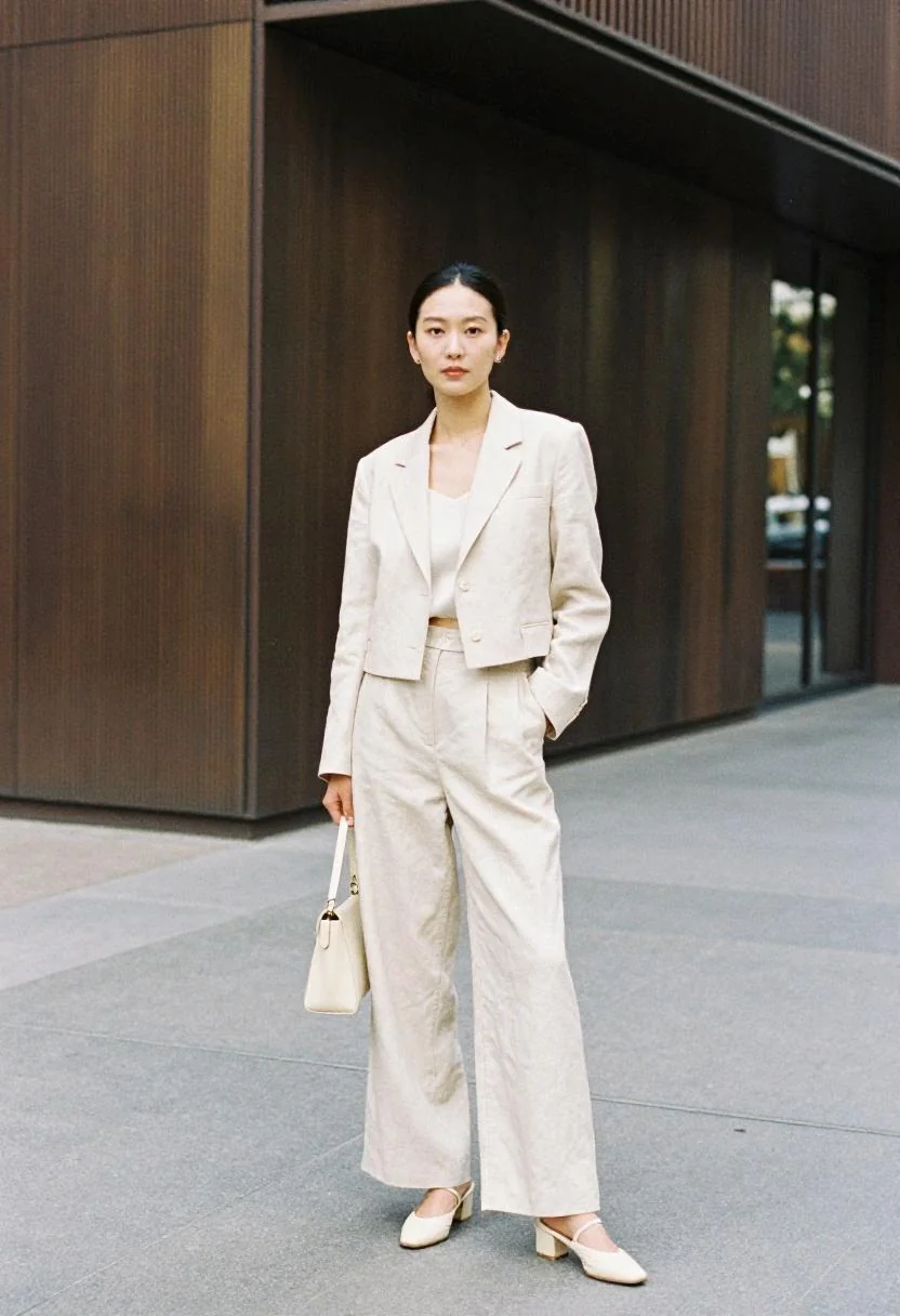 Cream linen blazer and trouser matching set for graduation day in Madrid