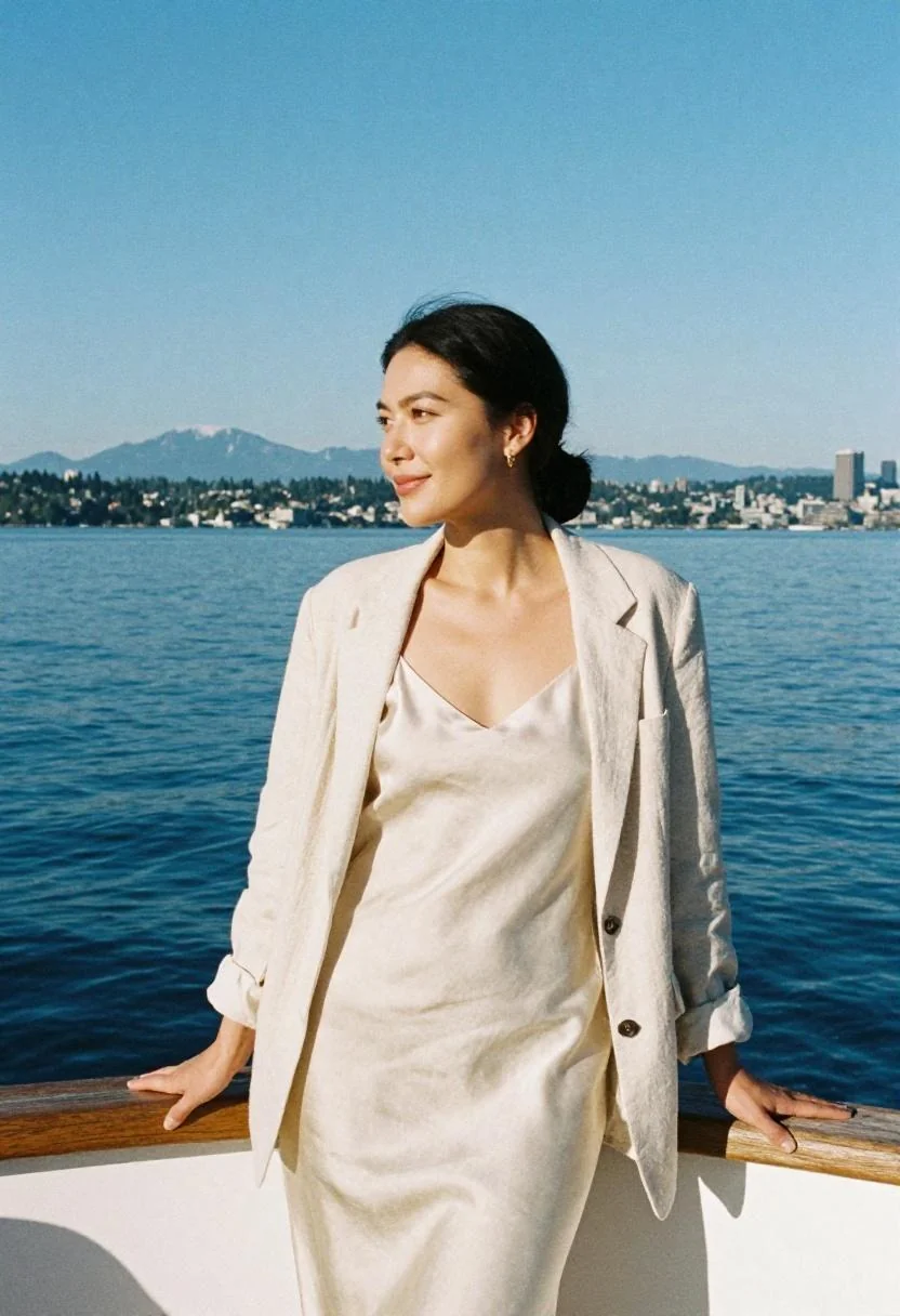 Cream silk slip dress with linen blazer for sophisticated coastal style