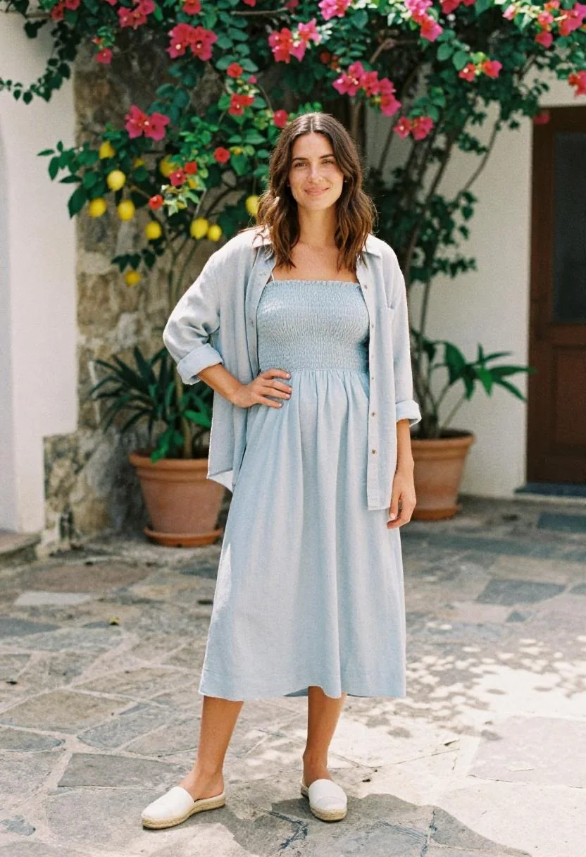 Light blue smocked sundress with linen overshirt for relaxed coastal motherhood style on the Amalfi Coast