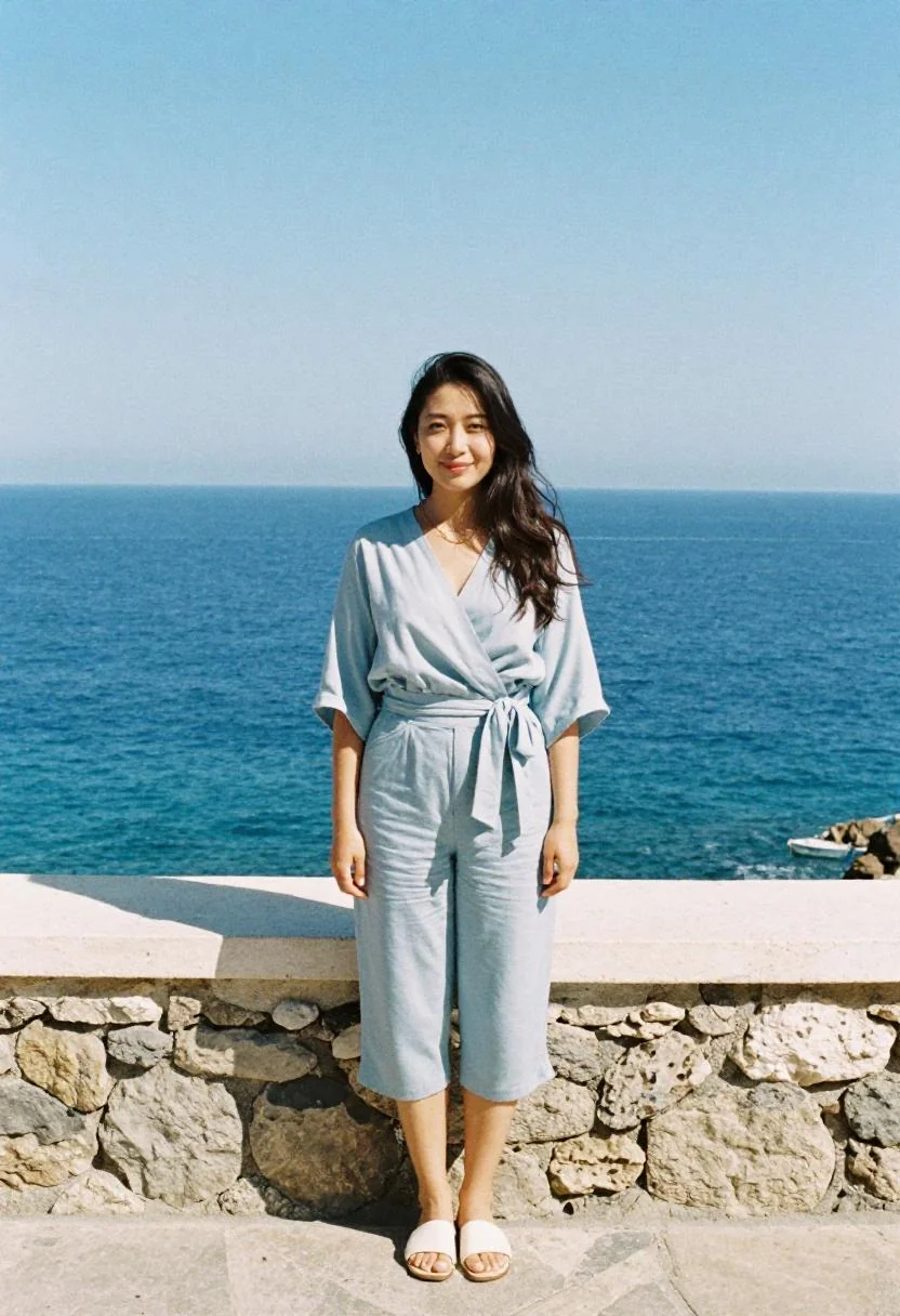 Matching light blue capris and wrap blouse for polished coastal terrace look in Athens