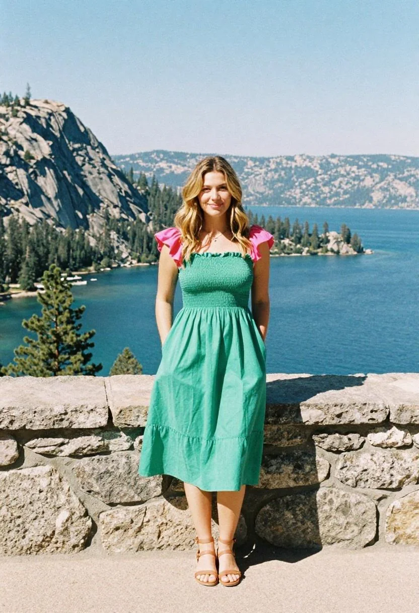 Bold fuchsia smocked sundress against Lake Tahoe's sapphire waters at a stone overlook